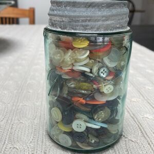 Antique Ball blue canning jar filled with assorted buttons zinc screw on lid.